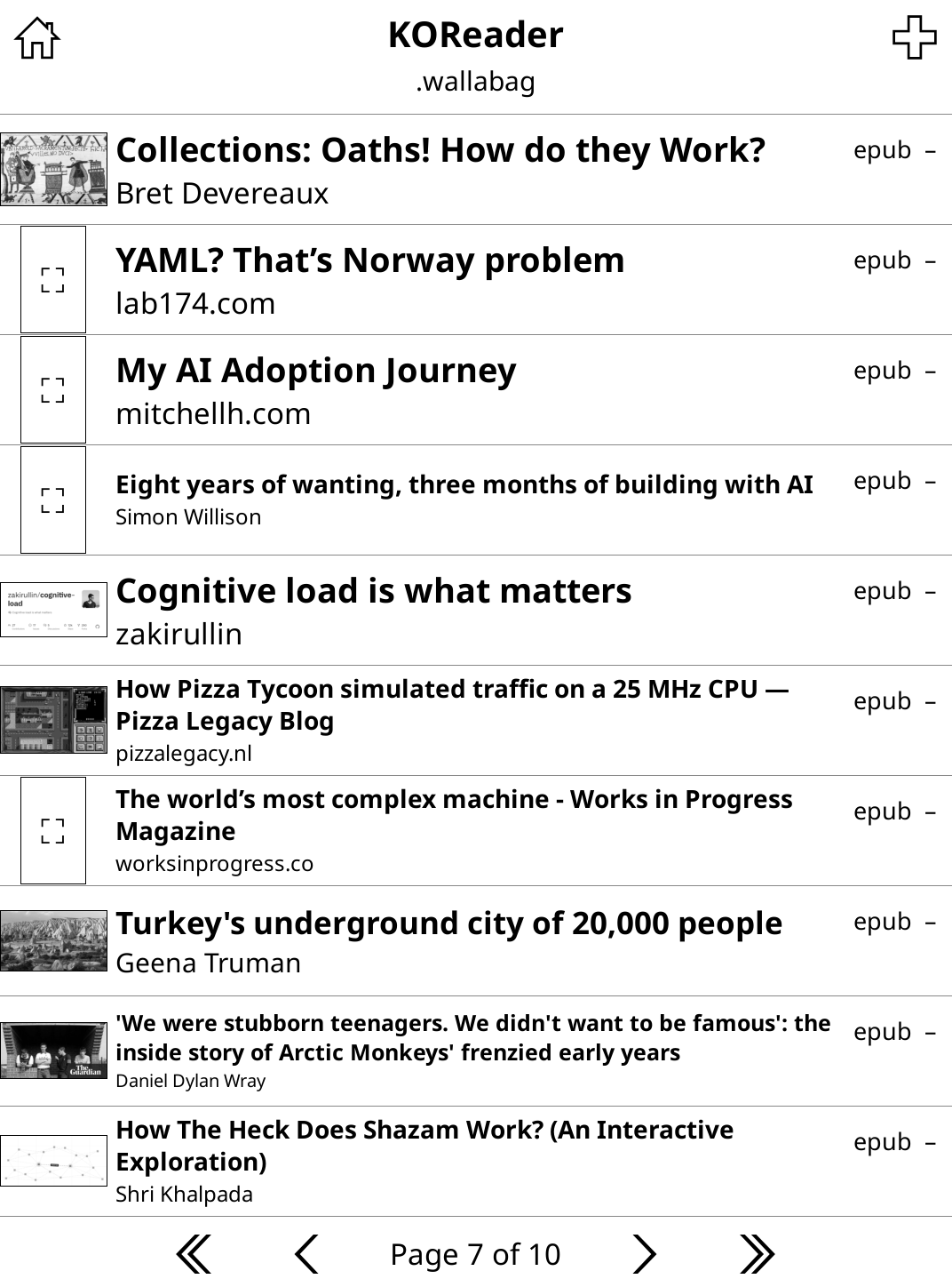 KOReader view of Wallabag articles
